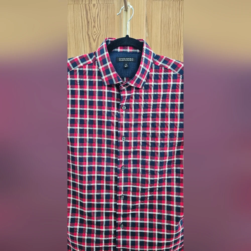 Banana Republic Plaid Short Sleeve Button Up Tailored Slim Fit Size Med